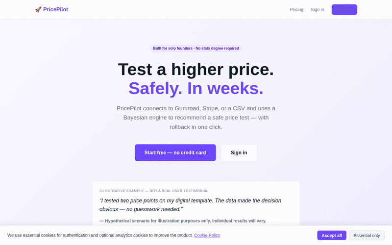 PricingSim core flow — homepage, pricing, blog, docs, import guide